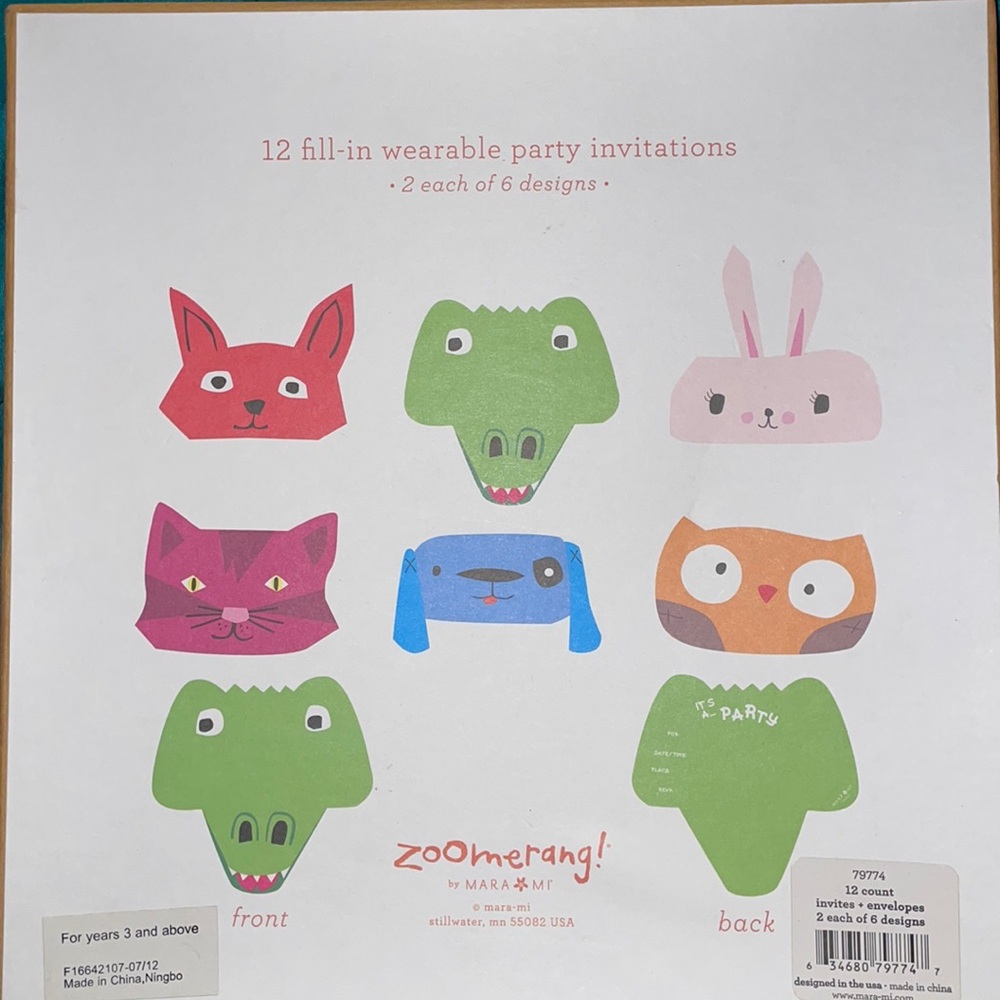 NIB 11 party mask invitations, animal themed
